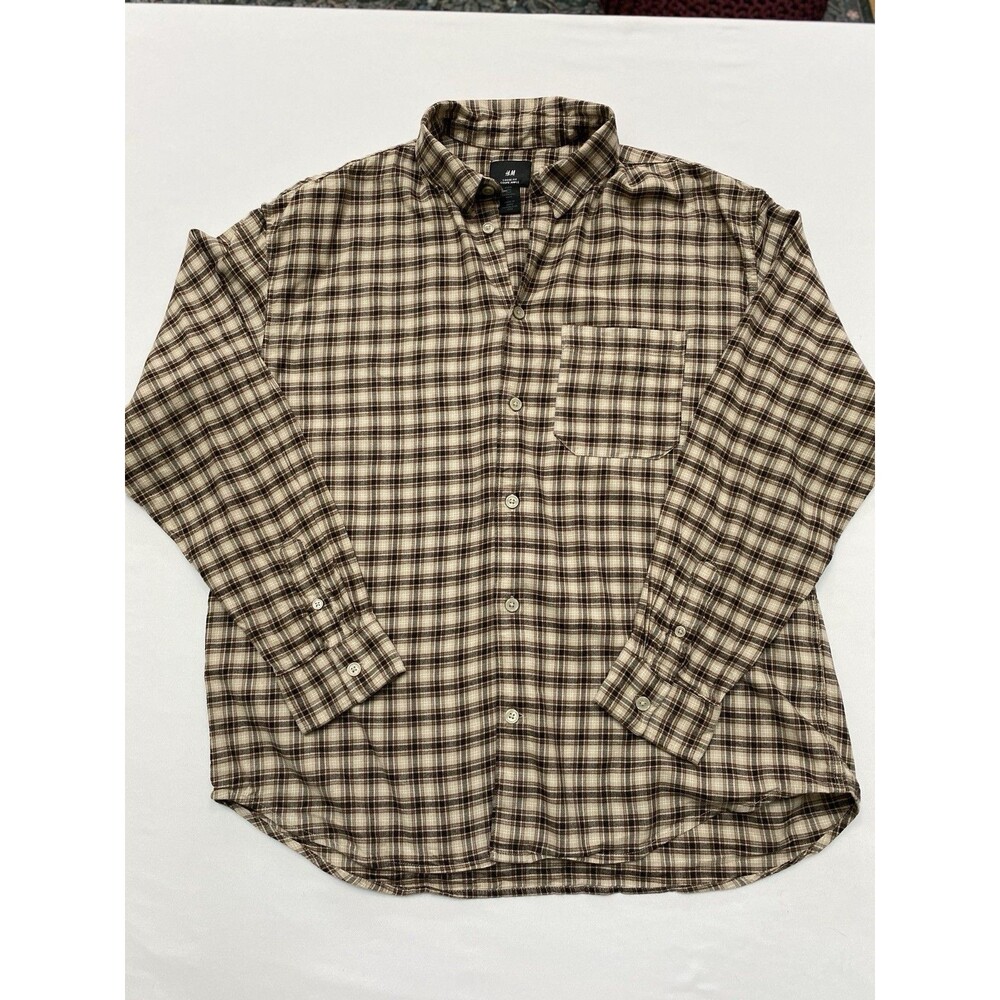 H&M Men Size M Loose Fit Plaid Button Up Shirt Brown Cream Flannel Long Sleeve